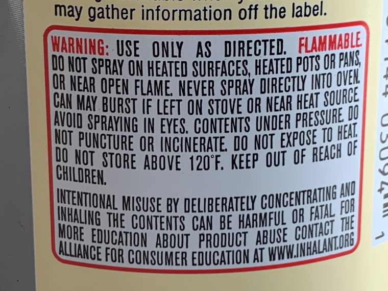 Warning label on the back of a can of Pam cooking spray