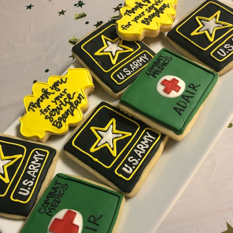 A family friend made Army-themed cookies for Brendan Adair's going-away party when he left for boot camp.