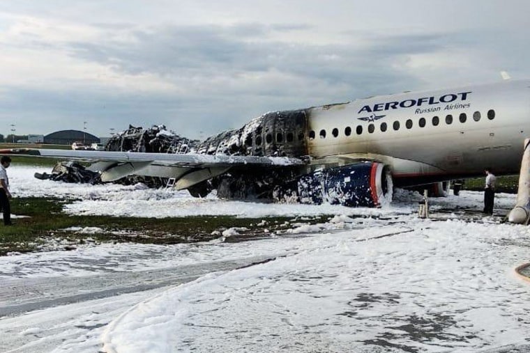 Image: The remnants of the Aeroflot jet after it made an emergency landing 