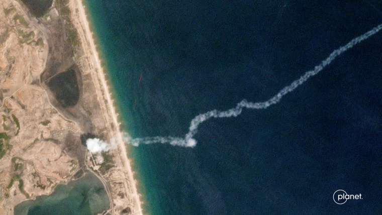Image: The trail of a suspected North Korean missile is captured in a commercial satellite image