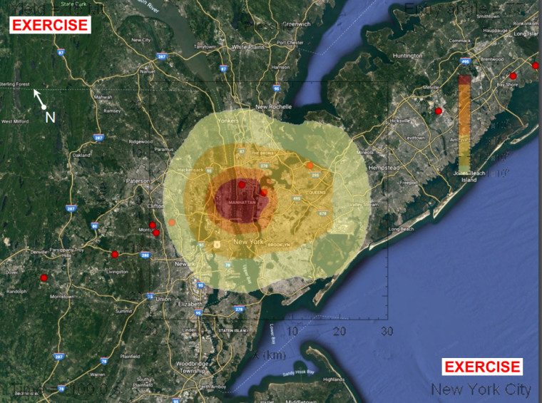 A map shows the projected damage zones from a 60-meter asteroid impact in Manhattan. The inner, red zone is "unsurvivable." In the orange zone, most residential structures collapse and clothing would ignite. Second-degree burns would be expected in the outer zone.