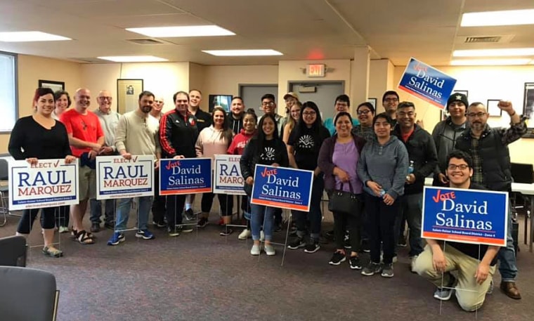 Raul Marquez Guerrero, Salem-Keizer school board candidate zone 2, and David Salinas, Salem-Keizer school board candidate zone 4, are joined by volunteers on a Saturday morning before they begin knocking on doors to talk with potential voters.