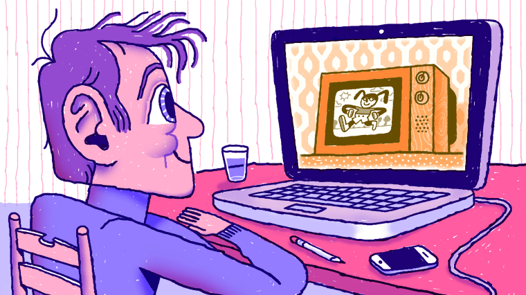 Illustration of person sitting at table streaming a cartoon on old fashioned TV on a laptop screen.