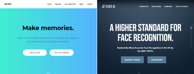 Ever's website, left, versus Ever AI.
