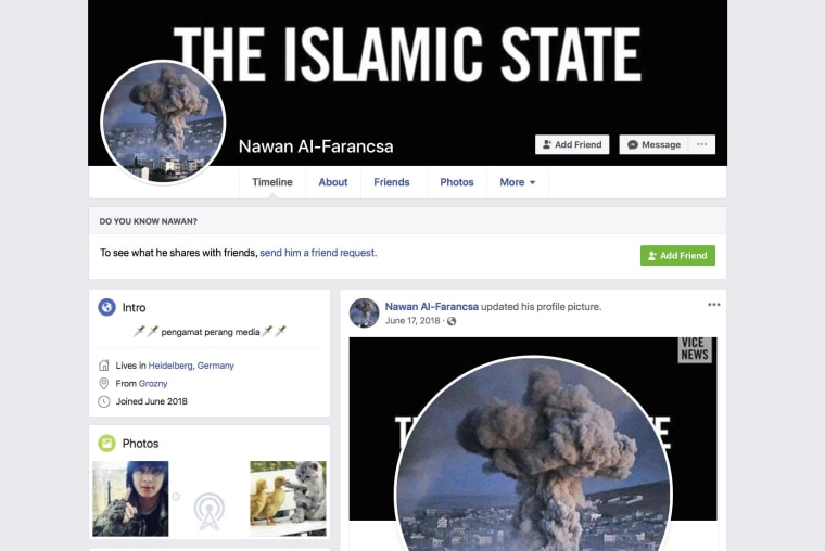 Image: A Facebook page displaying extremist propaganda under a user identifying himself as Nawan Al-Farancsa on May 7, 2019.