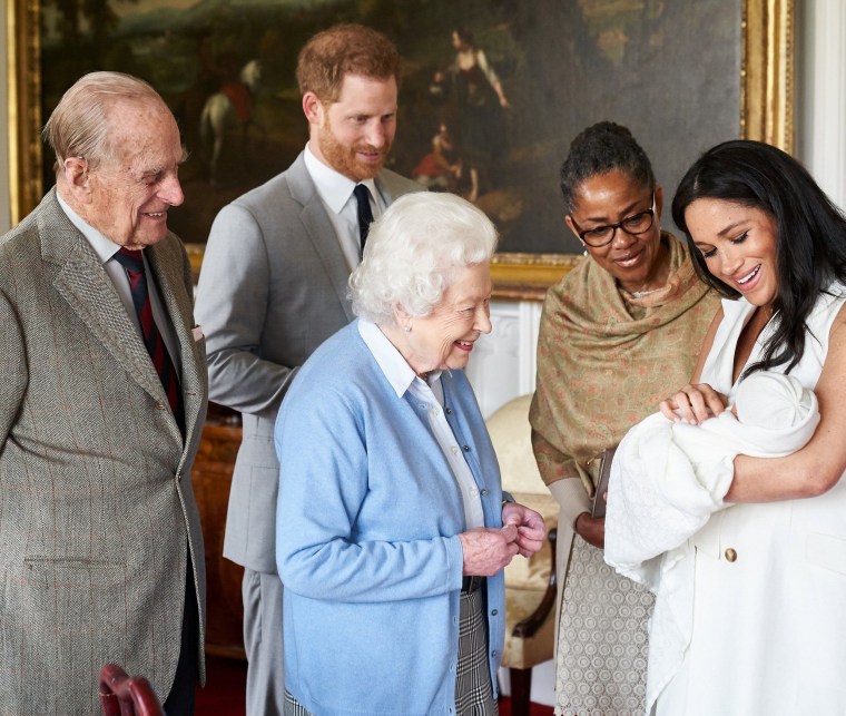 Image: Prince Harry and Meghan, Duchess of Sussex, introduce their newborn son, Archie Harrison Mountbatten-Windsor, to the Duke of Edinburgh, Queen Elizabeth and Meghan's mother, Doria Ragland, at Windsor Castle on May 8, 2019.