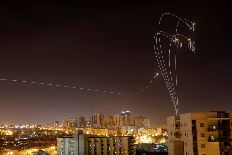 Image: Iron Dome interception missiles are fired as rockets are launched from Gaza towards Israel on May 5, 2019.