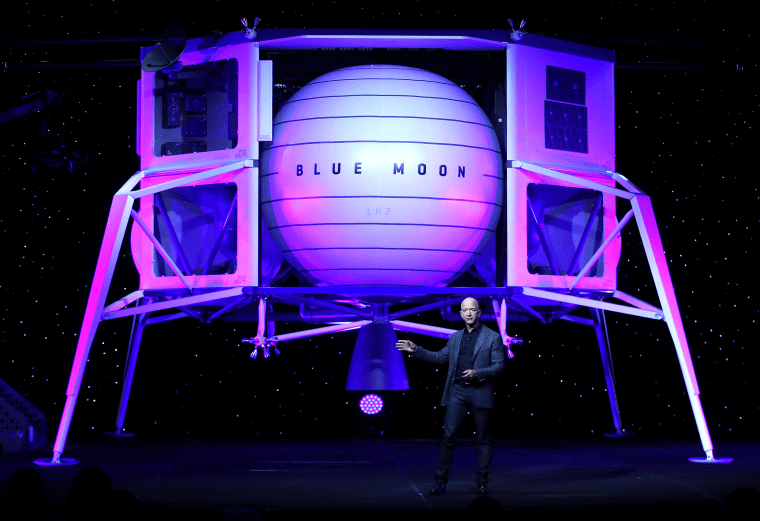 Image: Jeff Bezos introduces a new lunar landing module, Blue Moon, during a Blue Origin event in Washington on May 9, 2019.