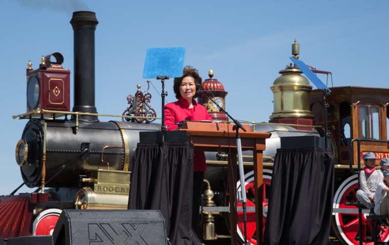 Transportation Secretary Elaine Chao speaks at the celebration to commemorate the 150th anniversary of the completion of the first transcontinental railroad, May 10, 2019.