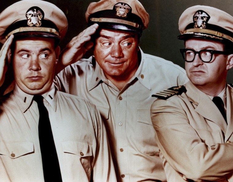 Image: Actor Ernest Borgnine is shown in this undated publicity photograph from the popular 1960's television series "McHale's Navy" along with co-stars Tim Conway and Joe Flynn.