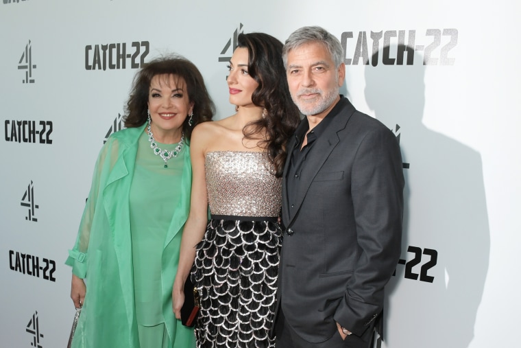 George and Amal Clooney and Baria Alamuddin at London premiere of "Catch-22"