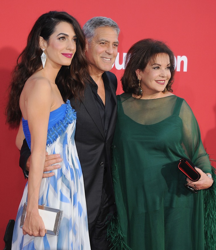 George and Amal Clooney with Baria Alamuddin at the Los Angeles premiere of "Suburbicon" in 2017