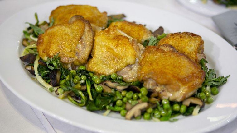 Michael Symon's Chicken Thighs with Ramps, Peas and Mushrooms + Spaghetti with Pea Pods and Lemons