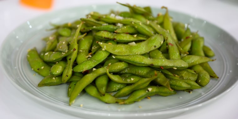 Joy Bauer's Brussels in Blankets + Garlic-Sesame Edamame + Buffalo Cucumber Boats