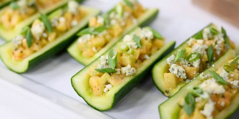 Joy Bauer's Brussels in Blankets + Garlic-Sesame Edamame + Buffalo Cucumber Boats