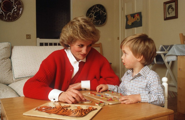 Princess Diana with her firstborn son, Prince William, in his Kensington Palace playroom.
