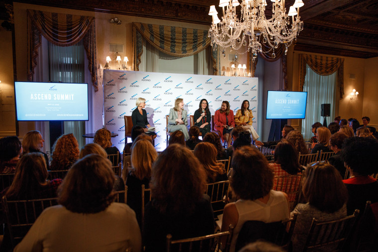 From left to right: Know Your Value founder Mika Brzezinski, Thrive Global CEO Arianna Huffington, Ilaria Resta, a vice president at Procter and Gamble, Sheri Bronstein, chief human resources officer of Bank of America and Kirsten Allegri Williams, chief marketing officer at SAP SuccessFactors speak at the ASCEND Summit in NYC on Friday.