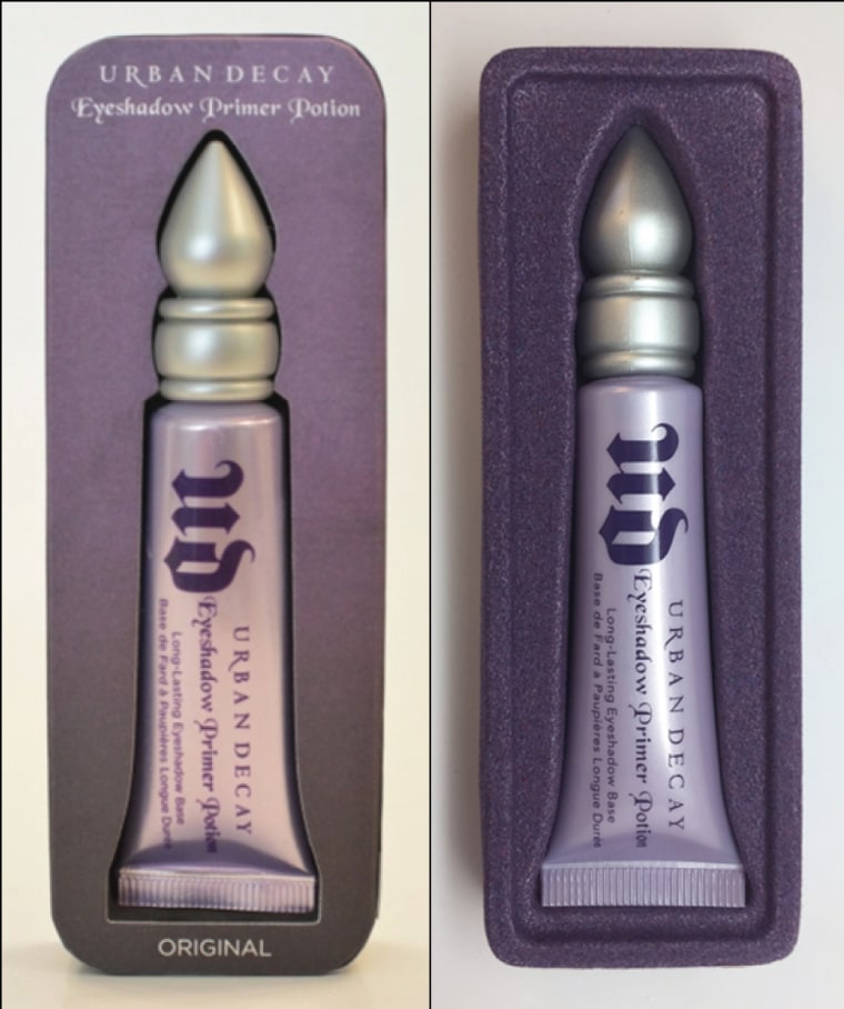 Image: A legitimate Urban Decay eye shadow primer, left, and a counterfeit copy-cat.