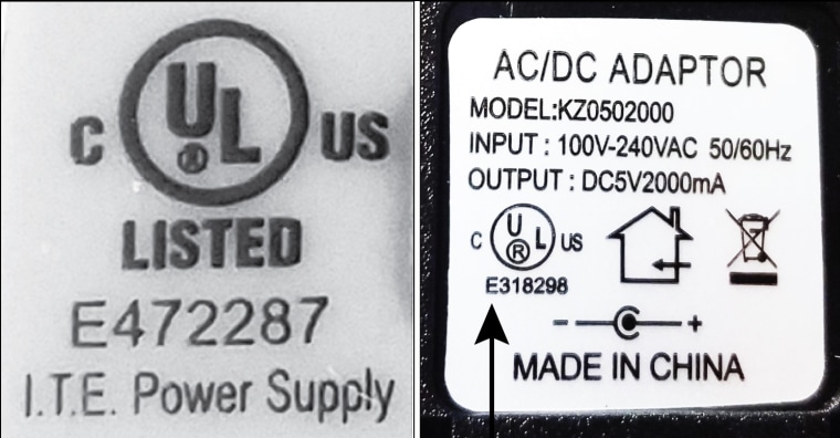 Image: A counterfeit electronic item is missing the term "LISTED," as well as a product name.