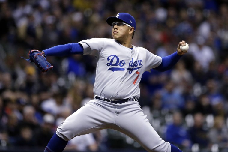 Image: Los Angeles Dodgers pitcher Julio Urias during the first inning against the Milwaukee Brewers on April 18, 2019.