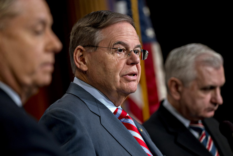 Image: Sen. Bob Menendez, D-NJ, speaks at a news conference at the Capitol on Dec. 20, 2018.