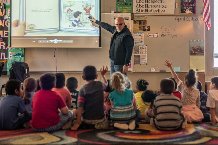 Jeff Clark, a school counselor at Ridgeview Elementary in Yakima, Washington, teaches a lesson on how to deal with bullies.