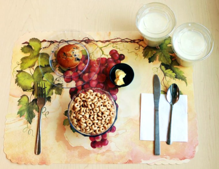 This is an example of what participants ate on the ultra-processed diet: Honey Nut Cheerios, whole milk with added fiber, a blueberry muffin and margarine.