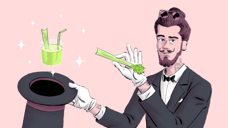 Illustration of a magician with a glass of celery juice.