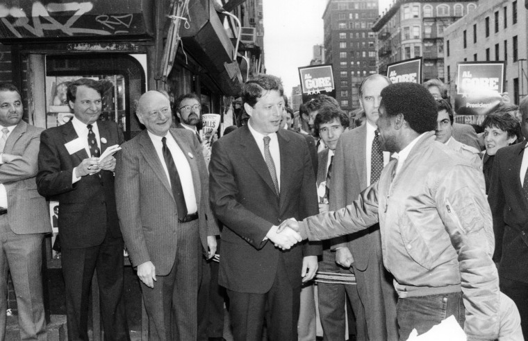 Image: New York City Mayor Ed Koch and Democratic presidential candidate Al Gore meet locals in Manhattan on April 18, 1988.