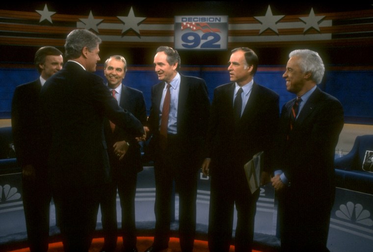 Image: Democratic presidential candidates Bob Kerrey, Bill Clinton, Paul Tsongas, Tom Harkin, Jerry Brown and Douglas Wilder before a debate in 1991.