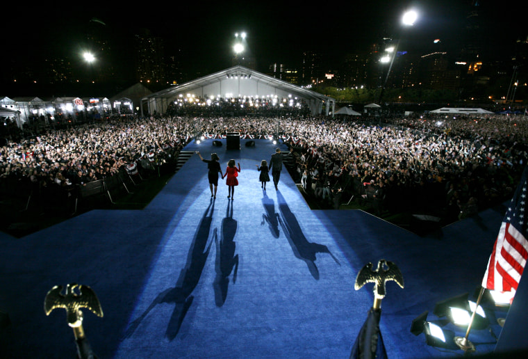 Image: President-elect Barack Obama arrives with his family to his election night rally in Chicago on Nov. 4, 2008.