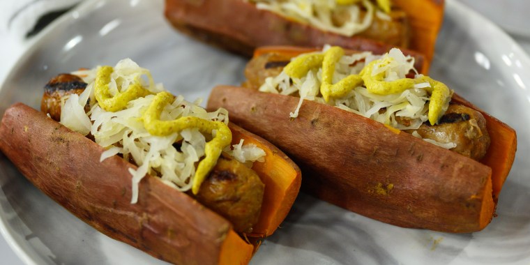 Joy Bauer's Purple Super-Slaw + Joy Bauer's Poultry Sausage in Sweet Potato "Buns" + Kale-Pesto Macaroni Salad