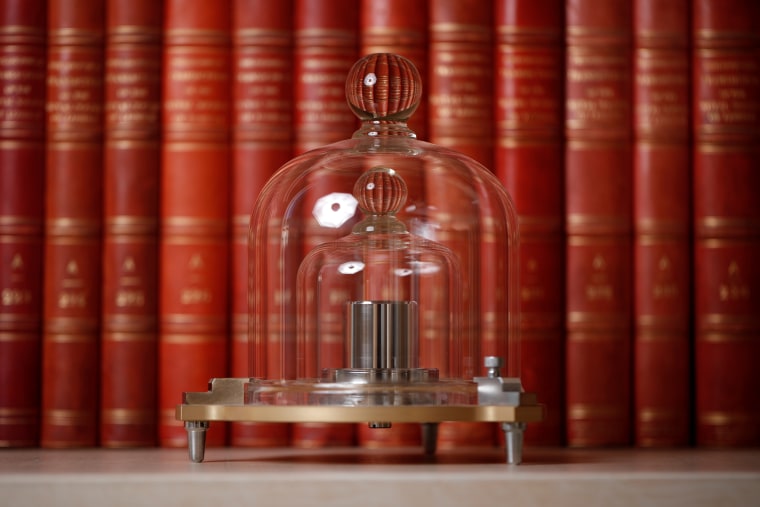 A replica of the International Prototype Kilogram is pictured at the International Bureau of Weights and Measures in Sevres near Paris