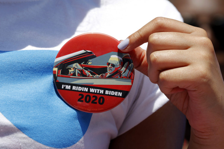 Image: A campaign button in support of Democratic presidential candidate Joe Biden in Philadelphia on May 18, 2019.
