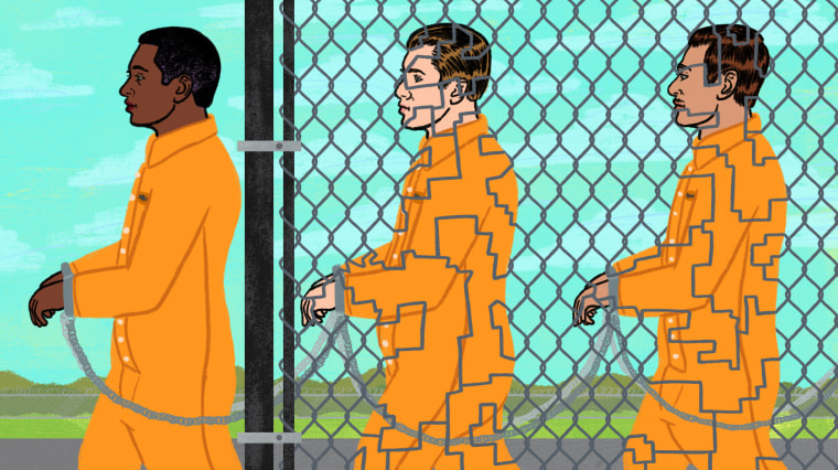 Illustration of prisoners behind prison fence, the fence creates a gerrymandering district over certain prisoners.