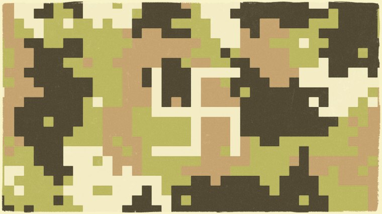Illustraiton of a swastika in the shapes of a camo pattern.