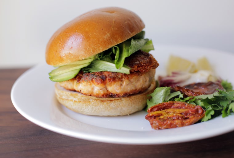 Salmon Burgers with Roasted Tomatoes and Avocado