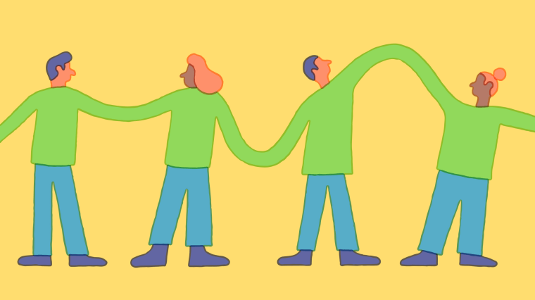 Illustration of group of people looking at each other as their sweater connect.