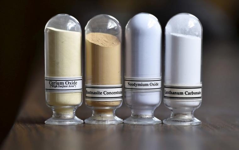 Image: Samples of rare earth minerals, Cerium oxide, Bastnasite, Neodymium oxide and Lanthanum carbonate are on display during a tour of Molycorp's Mountain Pass Rare Earth facility in Mountain Pass, California