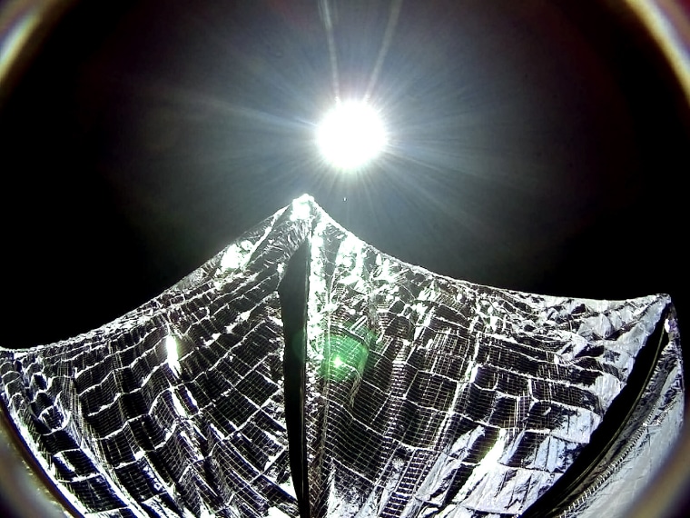 A camera aboard LightSail 1 took a selfie on June 8, 2015, shortly after solar sail deployment.