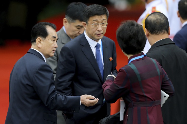 North Korean envoy Kim Hyok Chol, center, awaits the arrival of Kim Jong Un at the railway station in Dong Dang, Vietnam, on Feb. 26, 2019, ahead of the second summit with President Donald Trump. A South Korean newspaper reported on Friday that Kim Hyok Chol had been executed.