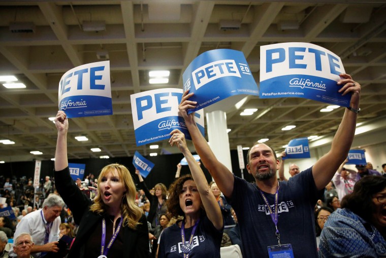 Image: Supporters of Democratic presidential candidate and Mayor of South Bend, Indiana Pete Buttigieg chant during the California Democratic Convention in San Francisco, California