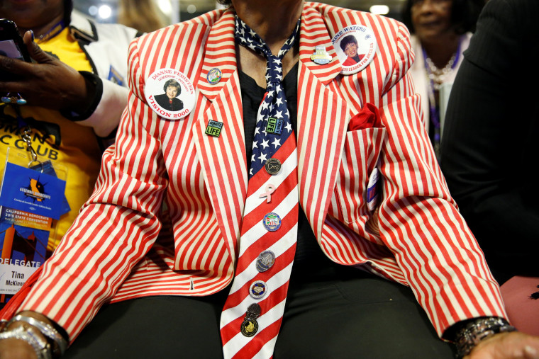 Image: An attendee wears a U.S. flag tie with pins during the California Democratic Convention in San Francisco, California