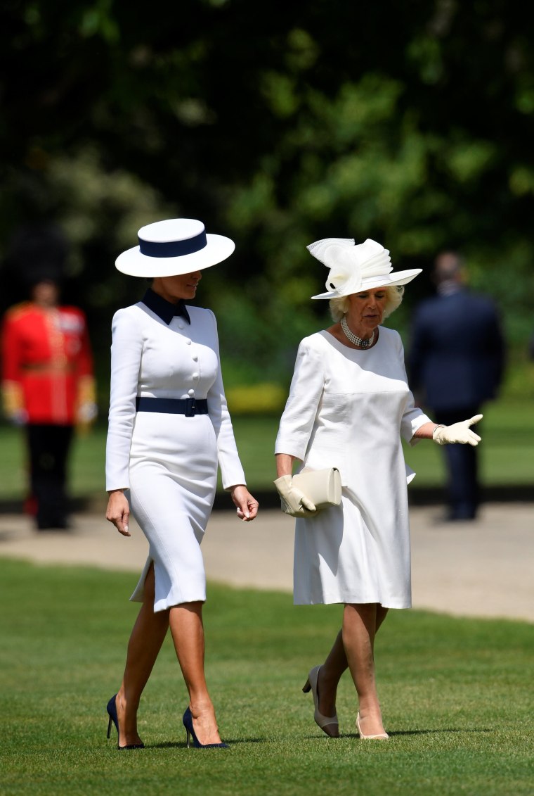 Melania Trump wears navy blue and white My Fair Lady ensemble to meet the queen