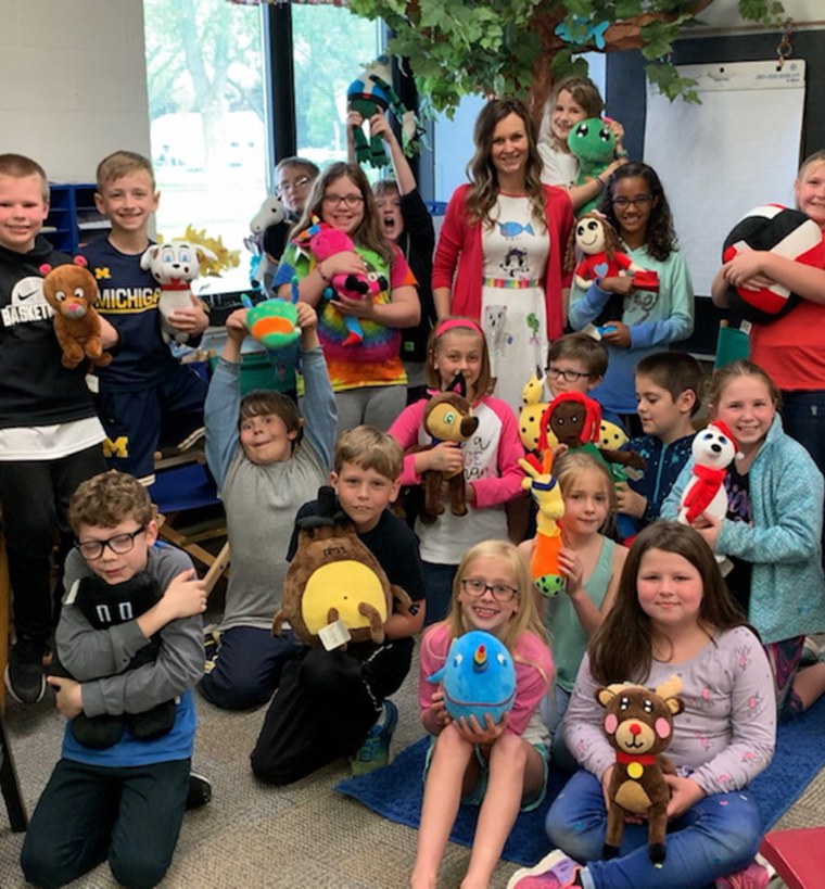 In addition to turning each student's artwork into stuffed animals, Shannon Anderson has each student draw on her dress so she has a keepsake at the end of the school year. Before the pandemic, she hosted a publication party where students could see their plush toys and books at once. This year looked a little different. 