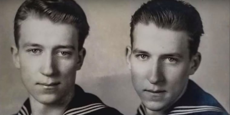 Twin brothers Julius (left) and Ludwig Pieper, who died during the June 1944 invasion of Normandy, were reunited at the cemetery in Normandy, France, decades after their deaths at 19 in World War II. 
