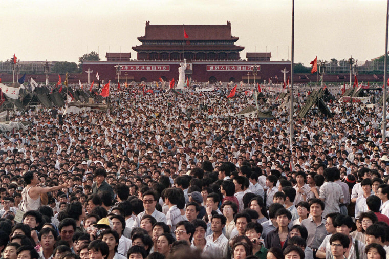 Image: Pro-democracy protesters fill Tiananmen Square in Beijing on June 2, 1989.