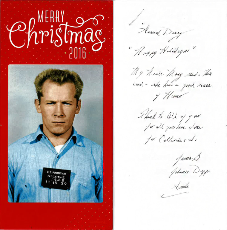 A Christmas card sent to Janet Uhlar from Whitey Bulger.