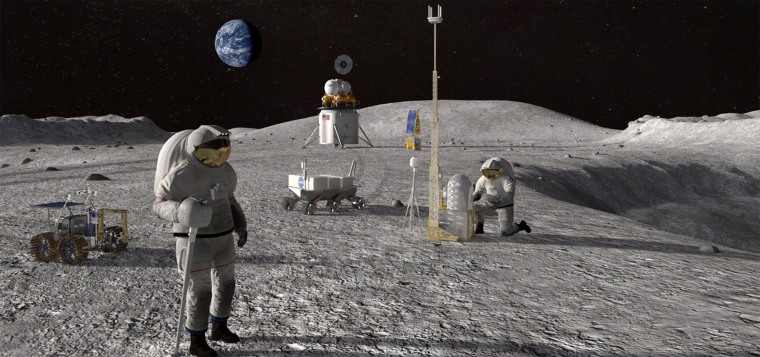 Image: Illustration of astronauts and robots on the moon.