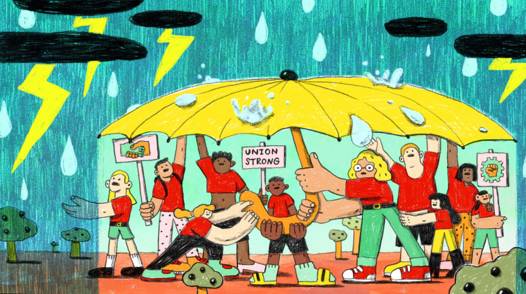 Illustration of group of graduate students holding and standing underneath an umbrella while it rains and storms outside.